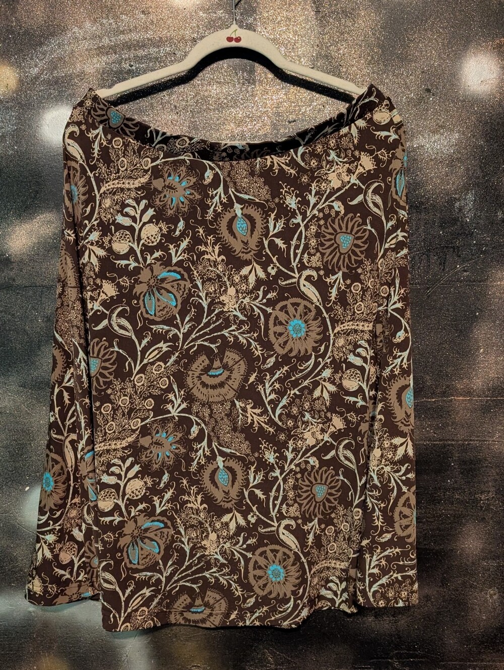 attention Brown Top with Cream and Light Blue Floral Accents